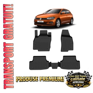 Set covorase Volkswagen Polo din 2017, covorase presuri tavita auto, cu tunel median intermediar din cauciuc thermoplastic, 4 Stickere auto cu Volkswagen