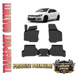 Set covorase Volkswagen Scirocco din 2009 - 2017, covorase presuri tavita auto, cu tunel median intermediar din cauciuc thermoplastic, 4 Stickere auto cu Volkswagen