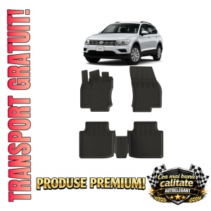 Set covorase Volkswagen Tiguan Allspace din 2016, covorase presuri tavita auto, cu tunel median intermediar din cauciuc thermoplastic, 4 Stickere auto cu Volkswagen