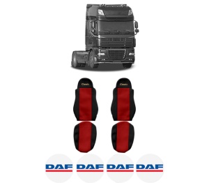 Set Huse Scaune Camion Tir DAF 95 XF din 1997-2002, Auto, Model CLASSIC, Culoare Rosu, 4x Stickere auto cu DAF