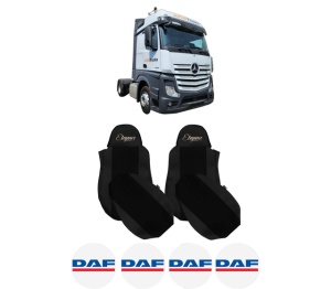 Set Huse Scaune Camion Tir DAF ACTROS MP4 / MP5 din 2011-2024, Auto, Model ELEGANCE S, Culoare Negru, 4x Stickere auto cu DAF