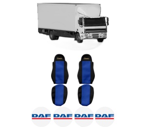Set Huse Scaune Camion Tir DAF CF 75 din 2001-2013, Auto, Model CLASSIC, Culoare Albastru, 4x Stickere auto cu DAF
