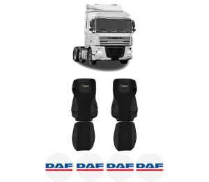 Set Huse Scaune Camion Tir DAF XF 105 din 2005-2013, Auto, Model ELEGANCE Q, Culoare Negru, 4x Stickere auto cu DAF