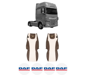 Set Huse Scaune Camion Tir DAF XF 106 din 2012-2017, Auto, Model ELEGANCE Q, Culoare Bej Maro, 4x Stickere auto cu DAF