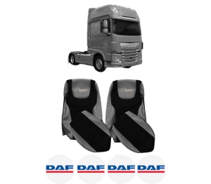 Set Huse Scaune Camion Tir DAF XF 106 din 2012-2017, Auto, Model ELEGANCE S, Culoare Gri, 4x Stickere auto cu DAF