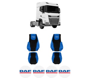 Set Huse Scaune Camion Tir DAF XG din 2021, Auto, Model ELEGANCE Q, Culoare Albastru, 4x Stickere auto cu DAF