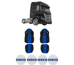 Set Huse Scaune Camion Tir Iveco S-WAY din 2019-2023, Auto, Model CLASSIC, Culoare Albastru, 4x Stickere auto cu Iveco