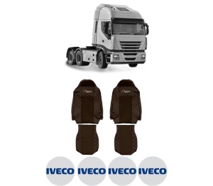 Set Huse Scaune Camion Tir Iveco STRALIS II din 2012-2017, Auto, Model ELEGANCE Q, Culoare Maro, 4x Stickere auto cu Iveco
