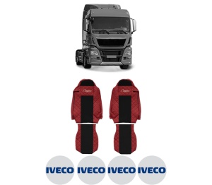 Set Huse Scaune Camion Tir Iveco TGX I din 2006-2021, Auto, Model ELEGANCE Q, Culoare Rosu, 4x Stickere auto cu Iveco