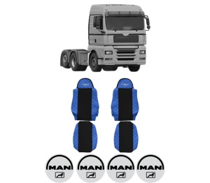Set Huse Scaune Camion Tir MAN TGA din 1999-2012, Auto, Model ELEGANCE Q, Culoare Albastru, 4x Stickere auto cu MAN