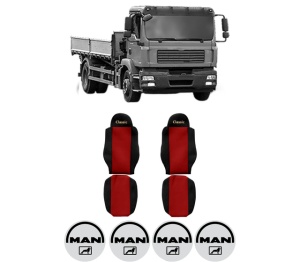 Set Huse Scaune Camion Tir MAN TGM I din 2005-2023, Auto, Model CLASSIC, Culoare Rosu, 4x Stickere auto cu MAN