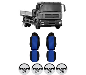 Set Huse Scaune Camion Tir MAN TGM I din 2005-2023, Auto, Model CLASSIC, Culoare Albastru, 4x Stickere auto cu MAN