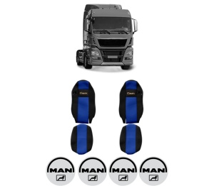 Set Huse Scaune Camion Tir MAN TGX I din 2006-2021, Auto, Model CLASSIC, Culoare Albastru, 4x Stickere auto cu MAN