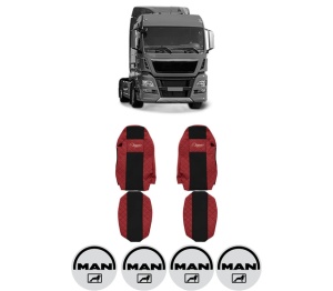 Set Huse Scaune Camion Tir MAN TGX I din 2006-2021, Auto, Model ELEGANCE Q, Culoare Rosu, 4x Stickere auto cu MAN