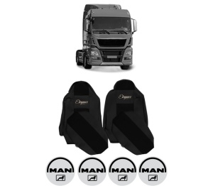 Set Huse Scaune Camion Tir MAN TGX I din 2006-2021, Auto, Model ELEGANCE S, Culoare Negru, 4x Stickere auto cu MAN
