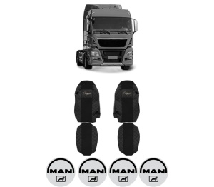 Set Huse Scaune Camion Tir MAN TGX I din 2006-2021, Auto, Model ELEGANCE Q, Culoare Negru, 4x Stickere auto cu MAN