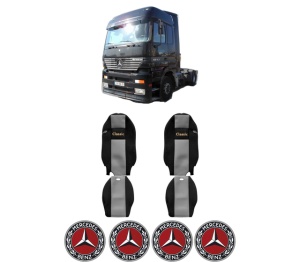 Set Huse Scaune Camion Tir MERCEDES-BENZ ACTROS din 1996-2003, Auto, Model CLASSIC, Culoare Gri, 4x Stickere auto cu MERCEDES-BENZ