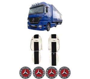 Set Huse Scaune Camion Tir MERCEDES-BENZ ACTROS MP2 / MP3 din 2002-2009, Auto, Model ELEGANCE Q, Culoare Bej, 4x Stickere auto cu MERCEDES-BENZ