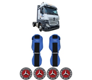 Set Huse Scaune Camion Tir MERCEDES-BENZ ACTROS MP4 / MP5 din 2011-2024, Auto, Model ELEGANCE Q, Culoare Albastru, 4x Stickere auto cu MERCEDES-BENZ
