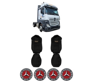 Set Huse Scaune Camion Tir MERCEDES-BENZ ACTROS MP4 / MP5 din 2011-2024, Auto, Model CLASSIC, Culoare Negru, 4x Stickere auto cu MERCEDES-BENZ