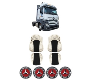 Set Huse Scaune Camion Tir MERCEDES-BENZ ACTROS MP4 / MP5 din 2011-2024, Auto, Model ELEGANCE Q, Culoare Bej, 4x Stickere auto cu MERCEDES-BENZ