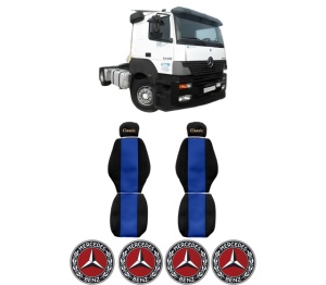 Set Huse Scaune Camion Tir MERCEDES-BENZ AXOR din 2002-2004, Auto, Model CLASSIC, Culoare Albastru, 4x Stickere auto cu MERCEDES-BENZ
