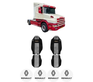 Set Huse Scaune Camion Tir RENAULT TRUCKS T din 2004-2019, Auto, Model CLASSIC, Culoare Gri, 4x Stickere auto cu RENAULT TRUCKS