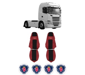 Set Huse Scaune Camion Tir SCANIA G I din 2003-2019, Auto, Model ELEGANCE Q, Culoare Rosu, 4x Stickere auto cu SCANIA