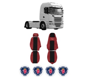 Set Huse Scaune Camion Tir SCANIA G I din 2003-2019, Auto, Model ELEGANCE Q, Culoare Rosu, 4x Stickere auto cu SCANIA
