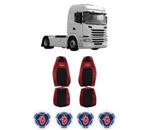Set Huse Scaune Camion Tir SCANIA G I din 2003-2019, Auto, Model ELEGANCE Q, Culoare Rosu, 4x Stickere auto cu SCANIA