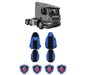 Set Huse Scaune Camion Tir SCANIA P I din 2003-2019, Auto, Model ELEGANCE Q, Culoare Albastru, 4x Stickere auto cu SCANIA