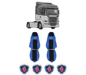 Set Huse Scaune Camion Tir SCANIA R I din 2004-2019, Auto, Model ELEGANCE Q, Culoare Albastru, 4x Stickere auto cu SCANIA