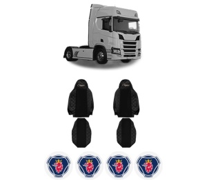 Set Huse Scaune Camion Tir SCANIA R II din 2016-2024, Auto, Model ELEGANCE Q, Culoare Negru, 4x Stickere auto cu SCANIA