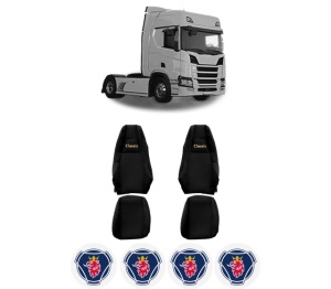 Set Huse Scaune Camion Tir SCANIA R II din 2016-2024, Auto, Model CLASSIC, Culoare Negru, 4x Stickere auto cu SCANIA