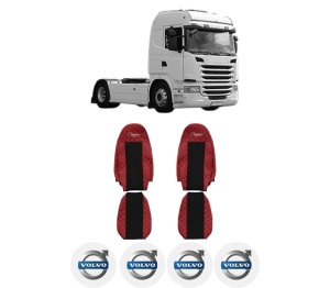 Set Huse Scaune Camion Tir VOLVO G I din 2003-2019, Auto, Model ELEGANCE Q, Culoare Rosu, 4x Stickere auto cu VOLVO