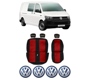 Set Huse Scaune Camion Tir VW TRANSPORTER T6 / CARAVELLE T6 Bus (SGB, SGJ, SHB, SHJ) din 2015-2024, Auto, Model CLASSIC, Culoare Rosu, 4x Stickere auto cu VW