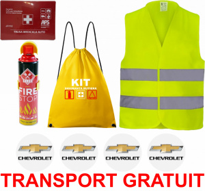 Set Kit siguranta auto cu saculet compact ce contine - Stingator spray 1kg, Trusa Medicala omolgata R.A.R, vesta reflectorizanta, stickere CHEVROLET , compatibil cu orice autoturism accesorii pentru autoturismul tau - masina v68296