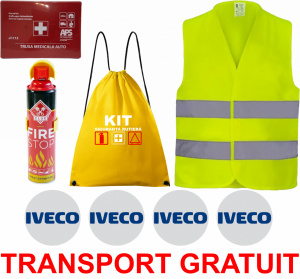 Set Kit siguranta auto cu saculet compact ce contine - Stingator spray 1kg, Trusa Medicala omolgata R.A.R, vesta reflectorizanta, stickere IVECO , compatibil cu orice autoturism accesorii pentru autoturismul tau - masina v68256