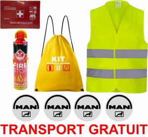Set Kit siguranta auto cu saculet compact ce contine - Stingator spray 1kg, Trusa Medicala omolgata R.A.R, vesta reflectorizanta, stickere MAN , compatibil cu orice autoturism accesorii pentru autoturismul tau - masina v68236