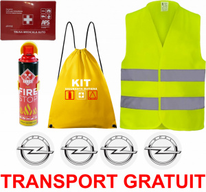 Set Kit siguranta auto cu saculet compact ce contine - Stingator spray 1kg, Trusa Medicala omolgata R.A.R, vesta reflectorizanta, stickere OPEL , compatibil cu orice autoturism accesorii pentru autoturismul tau - masina v68216