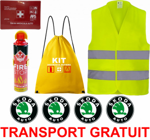Set Kit siguranta auto cu saculet compact ce contine - Stingator spray 1kg, Trusa Medicala omolgata R.A.R, vesta reflectorizanta, stickere SKODA , compatibil cu orice autoturism accesorii pentru autoturismul tau - masina v68196