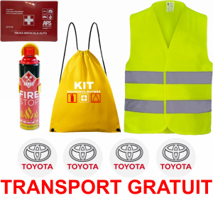 Set Kit siguranta auto cu saculet compact ce contine - Stingator spray 1kg, Trusa Medicala omolgata R.A.R, vesta reflectorizanta, stickere cadou TOYOTA , compatibil cu orice autoturism accesorii pentru autoturismul tau - masina v68176