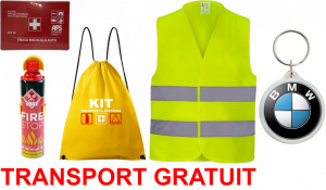 Set Kit siguranta auto cu saculet compact ce contine - Stingator spray 1kg, Trusa Medicala omolgata R.A.R, vesta reflectorizanta, Breloc cadou BMW , compatibil cu orice autoturism accesorii pentru autoturismul tau - masina v68156