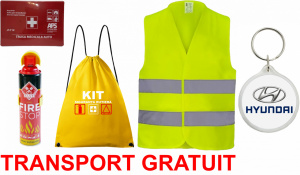 Set Kit siguranta auto cu saculet compact ce contine - Stingator spray 1kg, Trusa Medicala omolgata R.A.R, vesta reflectorizanta, Breloc cadou HYUNDAI , compatibil cu orice autoturism accesorii pentru autoturismul tau - masina v68116