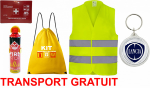 Set Kit siguranta auto cu saculet compact ce contine - Stingator spray 1kg, Trusa Medicala omolgata R.A.R, vesta reflectorizanta, Breloc cadou LANCIA , compatibil cu orice autoturism accesorii pentru autoturismul tau - masina v68096