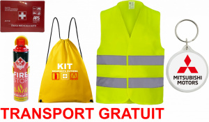Set Kit siguranta auto cu saculet compact ce contine - Stingator spray 1kg, Trusa Medicala omolgata R.A.R, vesta reflectorizanta, Breloc cadou MITSUBISHI , compatibil cu orice autoturism accesorii pentru autoturismul tau - masina v68076