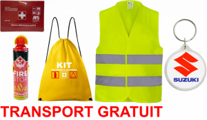 Set Kit siguranta auto cu saculet compact ce contine - Stingator spray 1kg, Trusa Medicala omolgata R.A.R, vesta reflectorizanta, Breloc cadou SUZUKI, compatibil cu orice autoturism accesorii pentru autoturismul tau - masina v68036