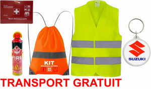 Set Kit siguranta auto cu saculet compact ce contine - Stingator spray 1kg, Trusa Medicala omolgata R.A.R, Vesta Reflectorizanta, Breloc Cadou SUZUKI, compatibil cu orice autoturism. accesorii pentru autoturismul tau - masina v67417