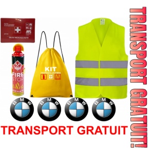 Set Kit siguranta auto cu saculet compact ce contine - Stingator spray 1kg, Trusa Medicala omolgata R.A.R, vesta reflectorizanta, stickere BMW , compatibil cu orice autoturism