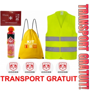 Set Kit siguranta auto cu saculet compact ce contine - Stingator spray 1kg, Trusa Medicala omolgata R.A.R, vesta reflectorizanta, stickere DODGE , compatibil cu orice autoturism